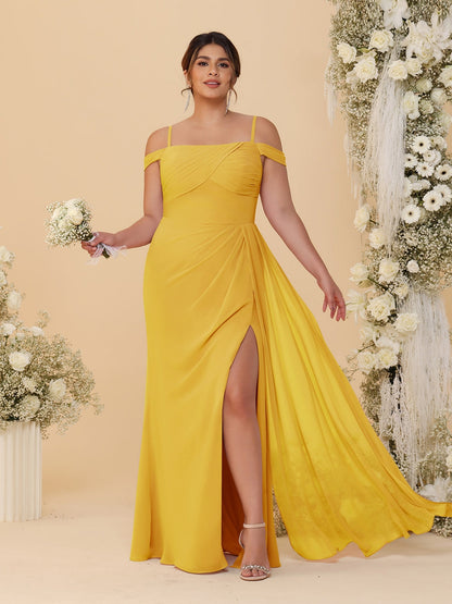 Robes de Demoiselle d'Honneur Grande Taille Fourreau/Colonne Décolleté Épaules Dénudées Bretelles Spaghetti avec Fente Latérale