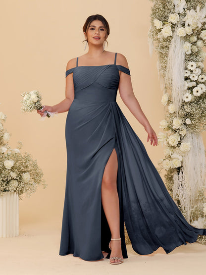 Robes de Demoiselle d'Honneur Grande Taille Fourreau/Colonne Décolleté Épaules Dénudées Bretelles Spaghetti avec Fente Latérale