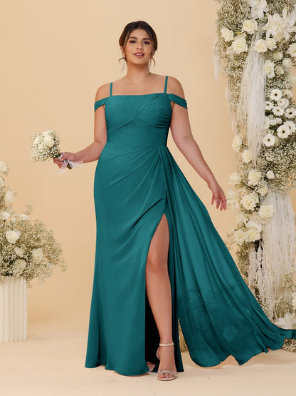 Robes de Demoiselle d'Honneur Grande Taille Fourreau/Colonne Décolleté Épaules Dénudées Bretelles Spaghetti avec Fente Latérale