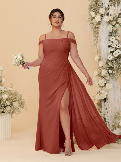 Robes de Demoiselle d'Honneur Grande Taille Fourreau/Colonne Décolleté Épaules Dénudées Bretelles Spaghetti avec Fente Latérale