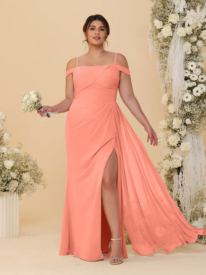 Robes de Demoiselle d'Honneur Grande Taille Fourreau/Colonne Décolleté Épaules Dénudées Bretelles Spaghetti avec Fente Latérale