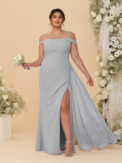 Robes de Demoiselle d'Honneur Grande Taille Fourreau/Colonne Décolleté Épaules Dénudées Bretelles Spaghetti avec Fente Latérale