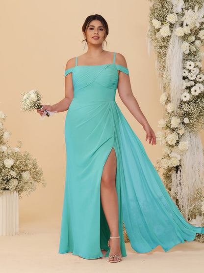 Robes de Demoiselle d'Honneur Grande Taille Fourreau/Colonne Décolleté Épaules Dénudées Bretelles Spaghetti avec Fente Latérale