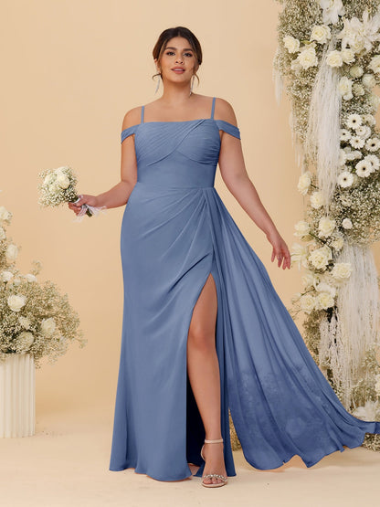 Robes de Demoiselle d'Honneur Grande Taille Fourreau/Colonne Décolleté Épaules Dénudées Bretelles Spaghetti avec Fente Latérale