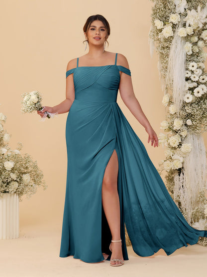 Robes de Demoiselle d'Honneur Grande Taille Fourreau/Colonne Décolleté Épaules Dénudées Bretelles Spaghetti avec Fente Latérale