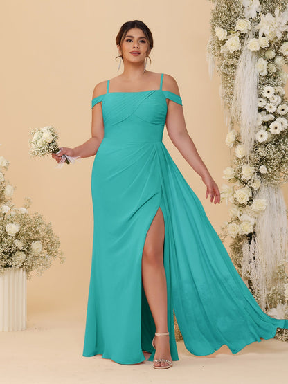 Robes de Demoiselle d'Honneur Grande Taille Fourreau/Colonne Décolleté Épaules Dénudées Bretelles Spaghetti avec Fente Latérale