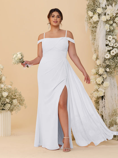 Robes de Demoiselle d'Honneur Grande Taille Fourreau/Colonne Décolleté Épaules Dénudées Bretelles Spaghetti avec Fente Latérale