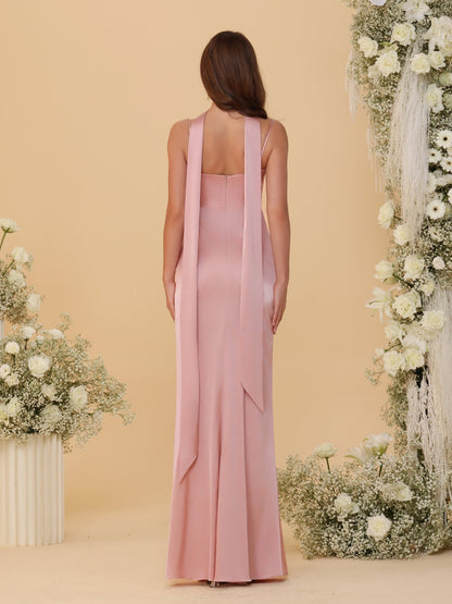 Robes de Demoiselle d'Honneur Longues Au Sol avec Bretelles Fines, sans Manches, Style Fourreau/Colonne, Froncées, avec Écharpe de Cou et Fente Latérale
