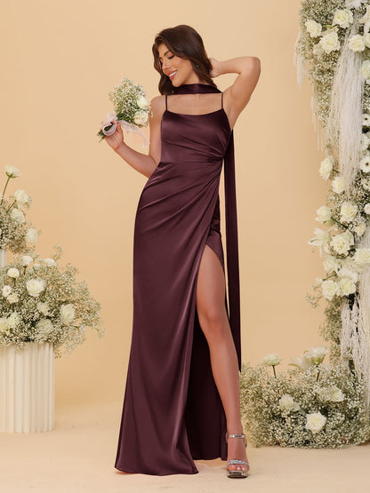 Robes de Demoiselle d'Honneur Longues Au Sol avec Bretelles Fines, sans Manches, Style Fourreau/Colonne, Froncées, avec Écharpe de Cou et Fente Latérale