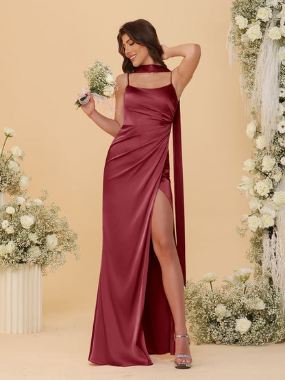 Robes de Demoiselle d'Honneur Longues Au Sol avec Bretelles Fines, sans Manches, Style Fourreau/Colonne, Froncées, avec Écharpe de Cou et Fente Latérale