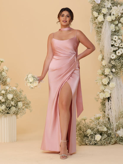 Robes de Demoiselle d'Honneur Fourreau/Colonne à Bretelles Spaghetti sans Manches Longueur Sol avec Ruchés, Écharpe de Cou et Fente Latérale