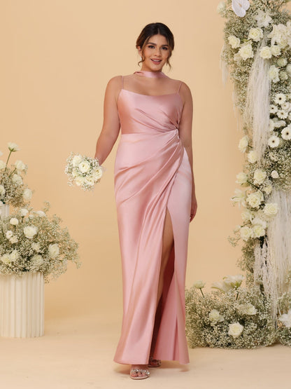Robes de Demoiselle d'Honneur Fourreau/Colonne à Bretelles Spaghetti sans Manches Longueur Sol avec Ruchés, Écharpe de Cou et Fente Latérale