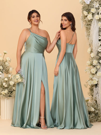 Robes de Demoiselle d'Honneur Longues en Ligne A/Princesse avec Bretelles Spaghetti, sans Manches, Plissées, avec Fente Sur le Côté