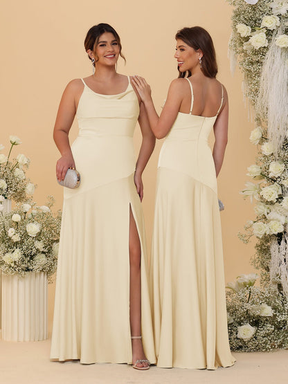 Robes de Demoiselle d'Honneur Fourreau/Colonne à Bretelles Spaghetti, Col Drapé, sans Manches, avec Fente Latérale