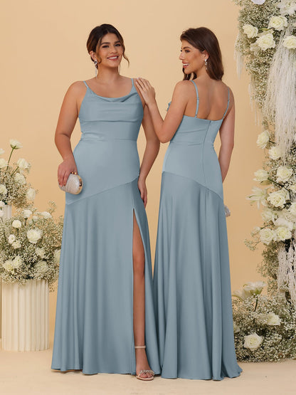 Robes de Demoiselle d'Honneur Fourreau/Colonne à Bretelles Spaghetti, Col Drapé, sans Manches, avec Fente Latérale