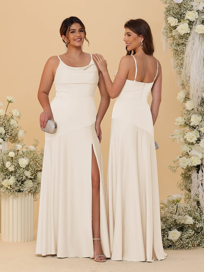 Robes de Demoiselle d'Honneur Fourreau/Colonne à Bretelles Spaghetti, Col Drapé, sans Manches, avec Fente Latérale