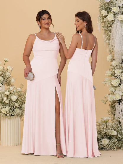 Robes de Demoiselle d'Honneur Fourreau/Colonne à Bretelles Spaghetti, Col Drapé, sans Manches, avec Fente Latérale