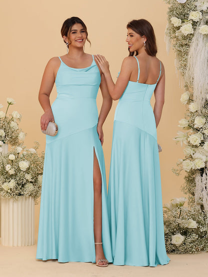 Robes de Demoiselle d'Honneur Fourreau/Colonne à Bretelles Spaghetti, Col Drapé, sans Manches, avec Fente Latérale