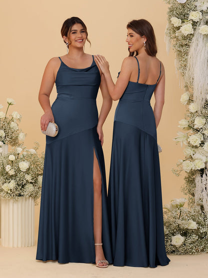 Robes de Demoiselle d'Honneur Fourreau/Colonne à Bretelles Spaghetti, Col Drapé, sans Manches, avec Fente Latérale