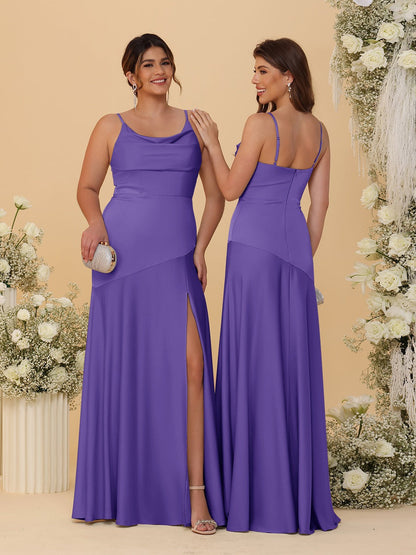 Robes de Demoiselle d'Honneur Fourreau/Colonne à Bretelles Spaghetti, Col Drapé, sans Manches, avec Fente Latérale