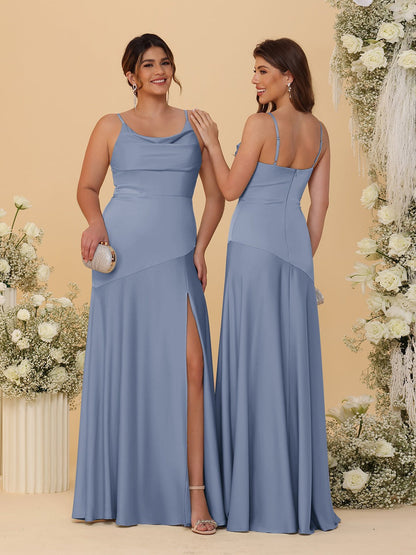 Robes de Demoiselle d'Honneur Fourreau/Colonne à Bretelles Spaghetti, Col Drapé, sans Manches, avec Fente Latérale