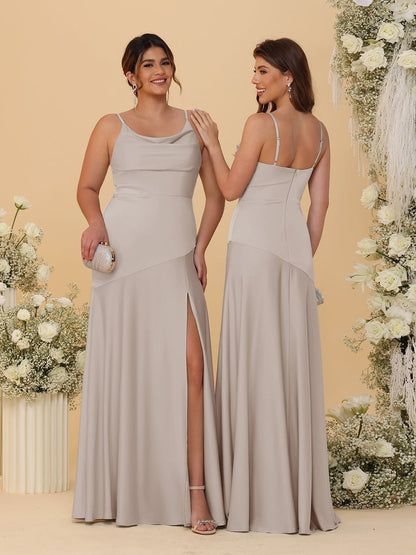 Robes de Demoiselle d'Honneur Fourreau/Colonne à Bretelles Spaghetti, Col Drapé, sans Manches, avec Fente Latérale