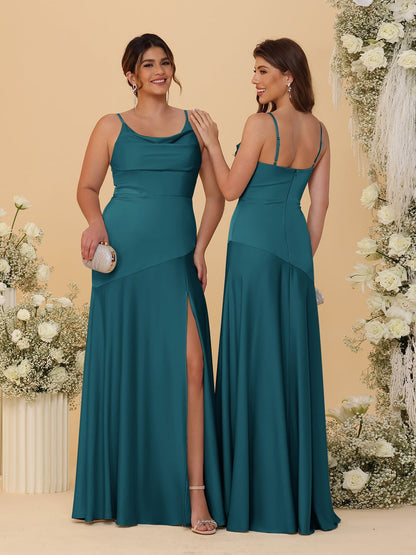 Robes de Demoiselle d'Honneur Fourreau/Colonne à Bretelles Spaghetti, Col Drapé, sans Manches, avec Fente Latérale