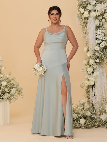 Robes de Demoiselle d'Honneur Grande Taille sans Manches avec Bretelles Spaghetti, Col en V Drapé et Fente Latérale, Style Fourreau/Colonne