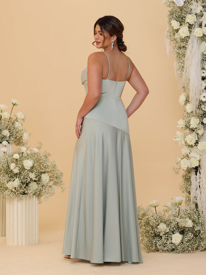 Robes de Demoiselle d'Honneur Grande Taille sans Manches avec Bretelles Spaghetti, Col en V Drapé et Fente Latérale, Style Fourreau/Colonne