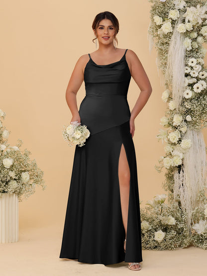 Robes de Demoiselle d'Honneur Grande Taille sans Manches avec Bretelles Spaghetti, Col en V Drapé et Fente Latérale, Style Fourreau/Colonne