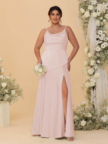 Robes de Demoiselle d'Honneur Grande Taille sans Manches avec Bretelles Spaghetti, Col en V Drapé et Fente Latérale, Style Fourreau/Colonne