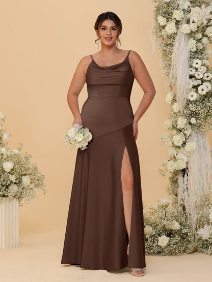 Robes de Demoiselle d'Honneur Grande Taille sans Manches avec Bretelles Spaghetti, Col en V Drapé et Fente Latérale, Style Fourreau/Colonne