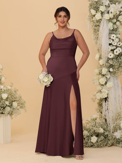 Robes de Demoiselle d'Honneur Grande Taille sans Manches avec Bretelles Spaghetti, Col en V Drapé et Fente Latérale, Style Fourreau/Colonne