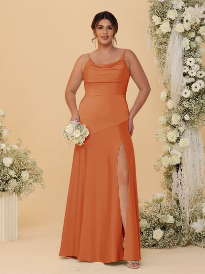 Robes de Demoiselle d'Honneur Grande Taille sans Manches avec Bretelles Spaghetti, Col en V Drapé et Fente Latérale, Style Fourreau/Colonne