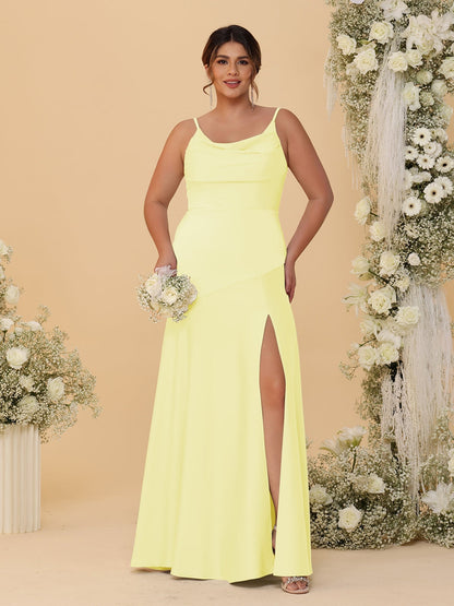 Robes de Demoiselle d'Honneur Grande Taille sans Manches avec Bretelles Spaghetti, Col en V Drapé et Fente Latérale, Style Fourreau/Colonne