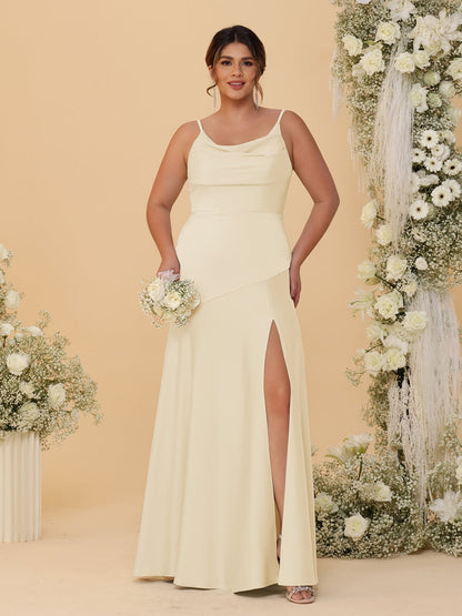 Robes de Demoiselle d'Honneur Grande Taille sans Manches avec Bretelles Spaghetti, Col en V Drapé et Fente Latérale, Style Fourreau/Colonne