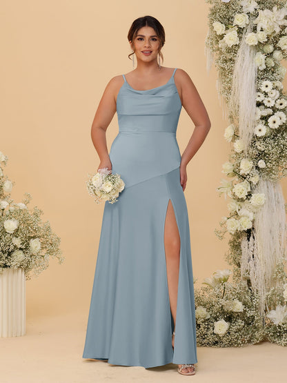 Robes de Demoiselle d'Honneur Grande Taille sans Manches avec Bretelles Spaghetti, Col en V Drapé et Fente Latérale, Style Fourreau/Colonne