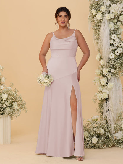 Robes de Demoiselle d'Honneur Grande Taille sans Manches avec Bretelles Spaghetti, Col en V Drapé et Fente Latérale, Style Fourreau/Colonne