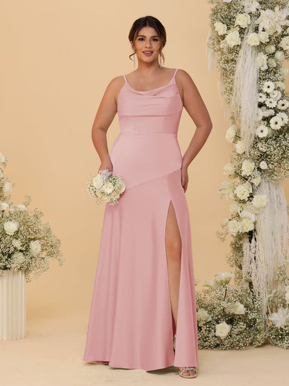Robes de Demoiselle d'Honneur Grande Taille sans Manches avec Bretelles Spaghetti, Col en V Drapé et Fente Latérale, Style Fourreau/Colonne