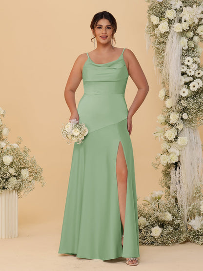 Robes de Demoiselle d'Honneur Grande Taille sans Manches avec Bretelles Spaghetti, Col en V Drapé et Fente Latérale, Style Fourreau/Colonne