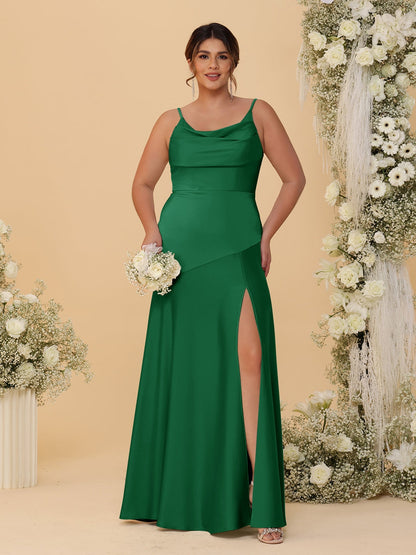 Robes de Demoiselle d'Honneur Grande Taille sans Manches avec Bretelles Spaghetti, Col en V Drapé et Fente Latérale, Style Fourreau/Colonne