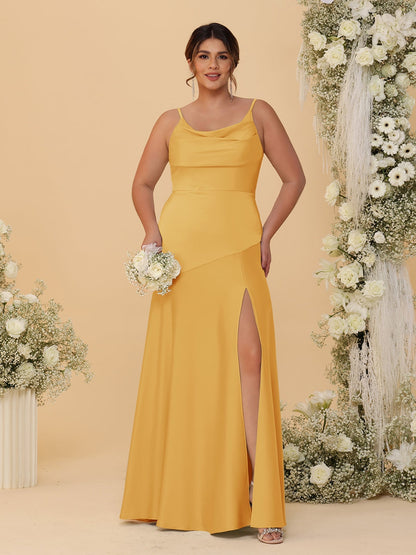 Robes de Demoiselle d'Honneur Grande Taille sans Manches avec Bretelles Spaghetti, Col en V Drapé et Fente Latérale, Style Fourreau/Colonne