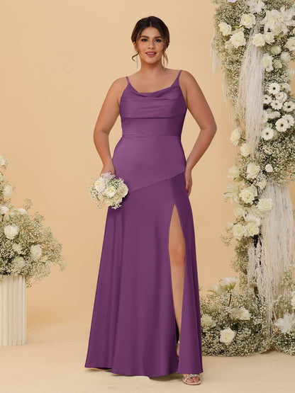 Robes de Demoiselle d'Honneur Grande Taille sans Manches avec Bretelles Spaghetti, Col en V Drapé et Fente Latérale, Style Fourreau/Colonne