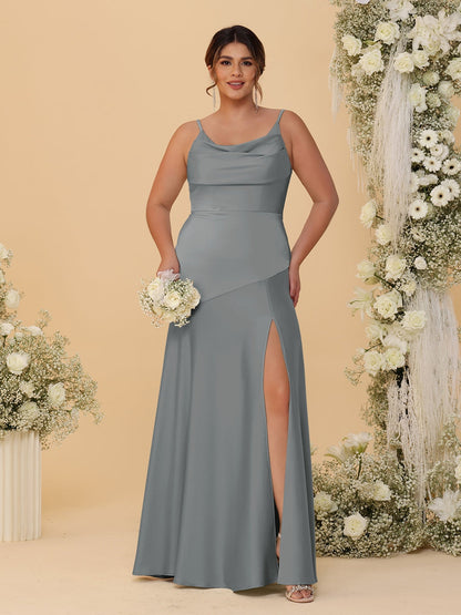 Robes de Demoiselle d'Honneur Grande Taille sans Manches avec Bretelles Spaghetti, Col en V Drapé et Fente Latérale, Style Fourreau/Colonne