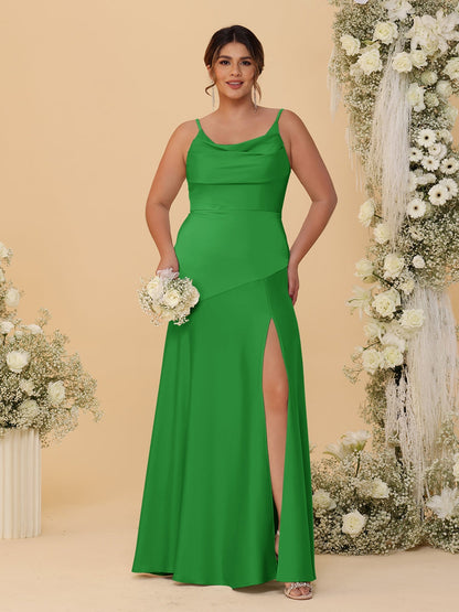 Robes de Demoiselle d'Honneur Grande Taille sans Manches avec Bretelles Spaghetti, Col en V Drapé et Fente Latérale, Style Fourreau/Colonne