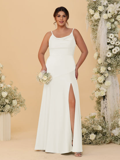Robes de Demoiselle d'Honneur Grande Taille sans Manches avec Bretelles Spaghetti, Col en V Drapé et Fente Latérale, Style Fourreau/Colonne