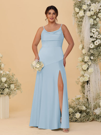 Robes de Demoiselle d'Honneur Grande Taille sans Manches avec Bretelles Spaghetti, Col en V Drapé et Fente Latérale, Style Fourreau/Colonne