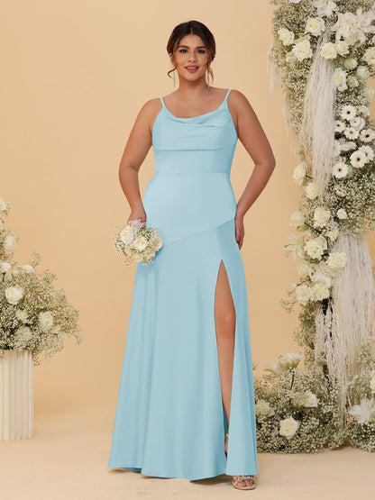 Robes de Demoiselle d'Honneur Grande Taille sans Manches avec Bretelles Spaghetti, Col en V Drapé et Fente Latérale, Style Fourreau/Colonne