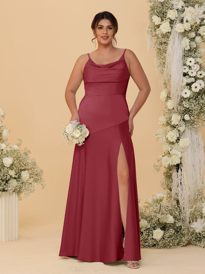 Robes de Demoiselle d'Honneur Grande Taille sans Manches avec Bretelles Spaghetti, Col en V Drapé et Fente Latérale, Style Fourreau/Colonne
