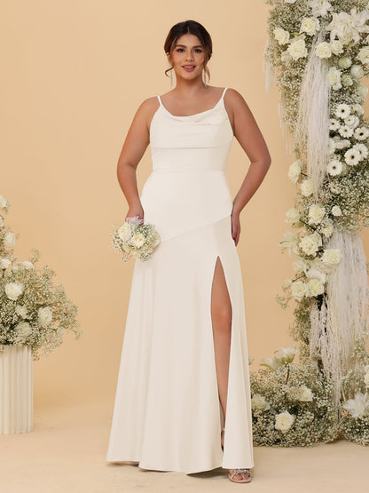 Robes de Demoiselle d'Honneur Grande Taille sans Manches avec Bretelles Spaghetti, Col en V Drapé et Fente Latérale, Style Fourreau/Colonne
